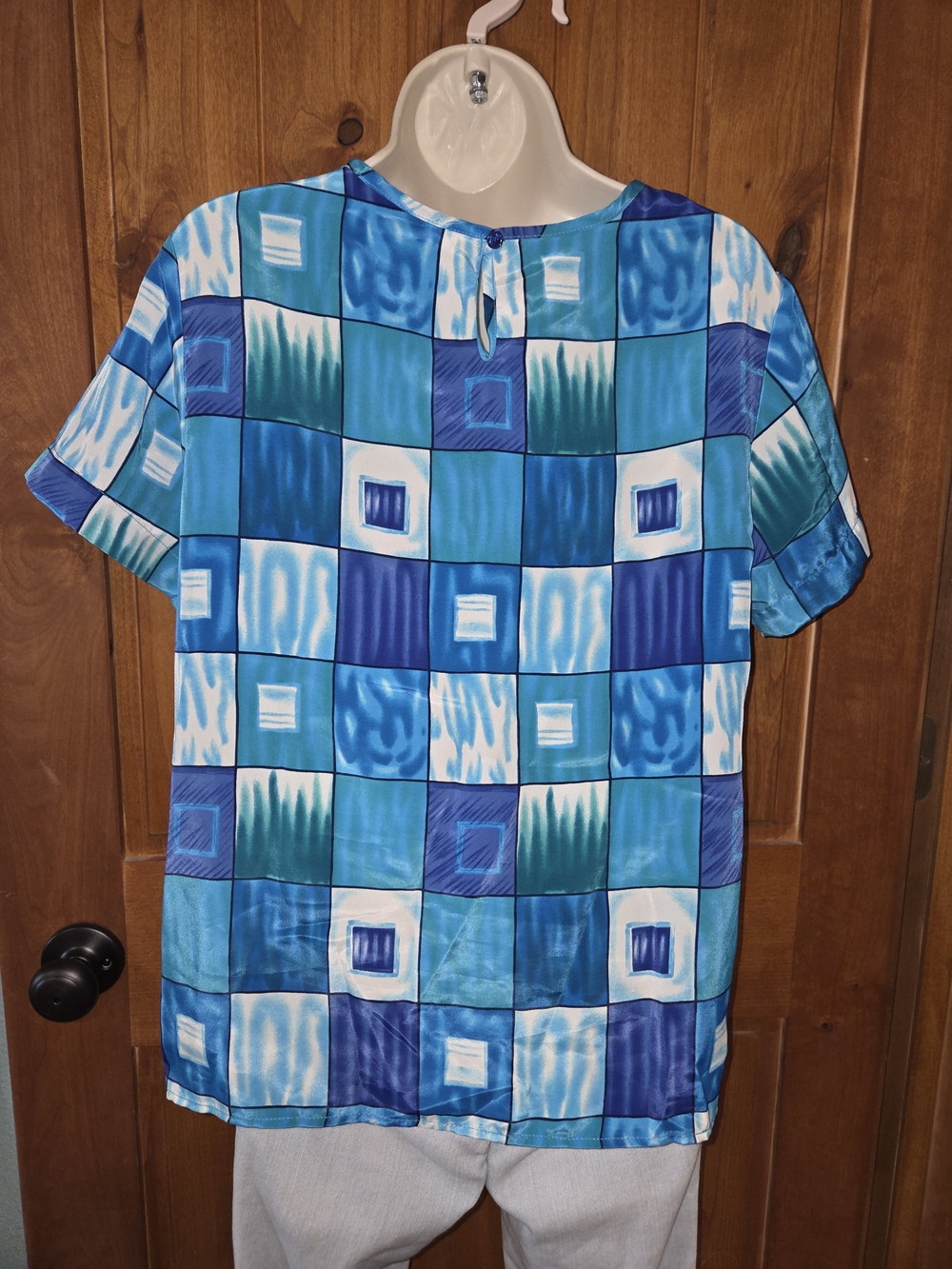 Blue Geometric Short-Sleeve Women's Blouse - Picture 4 of 7